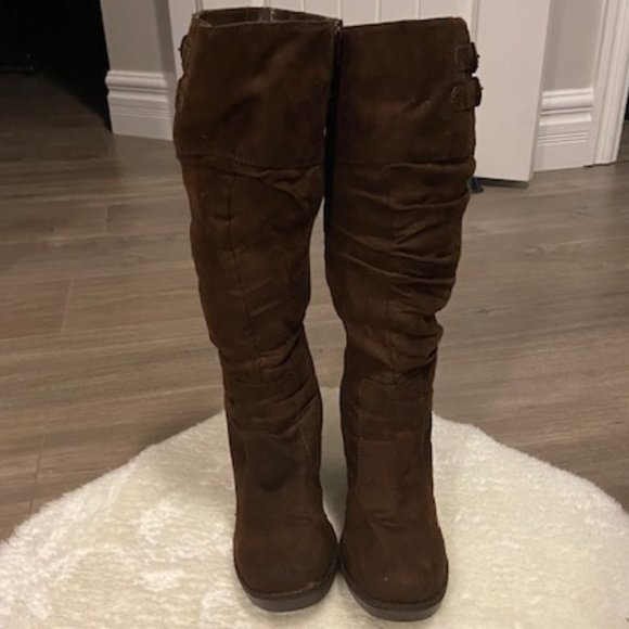 Brown Suede Tall Wedge Boots - Picture 2 of 7